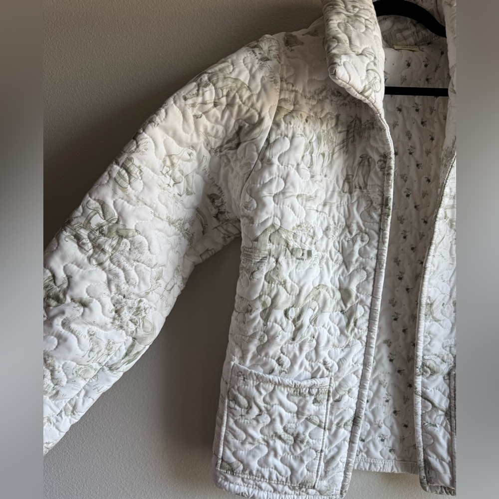 Aledo Toile Linen Quilted Jacket Farm Pattern Green White S/M - Picture 4 of 6